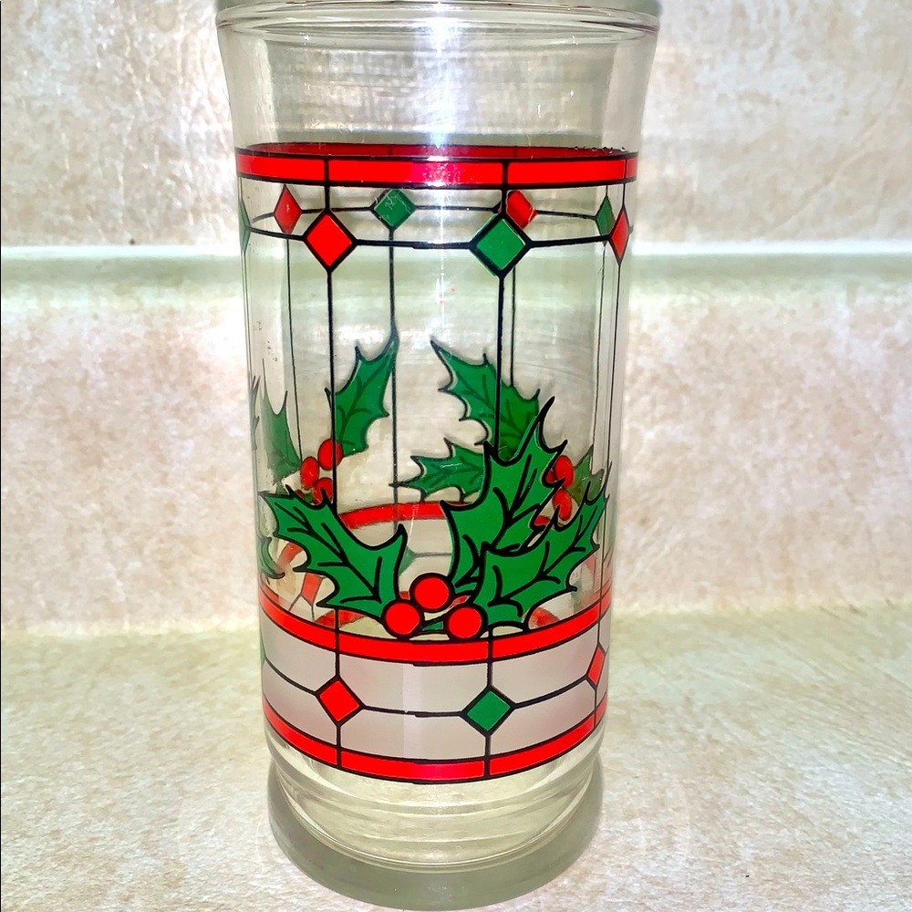 TUMBLER Stained Glass Holly Christmas clear drinking glass vintage retro